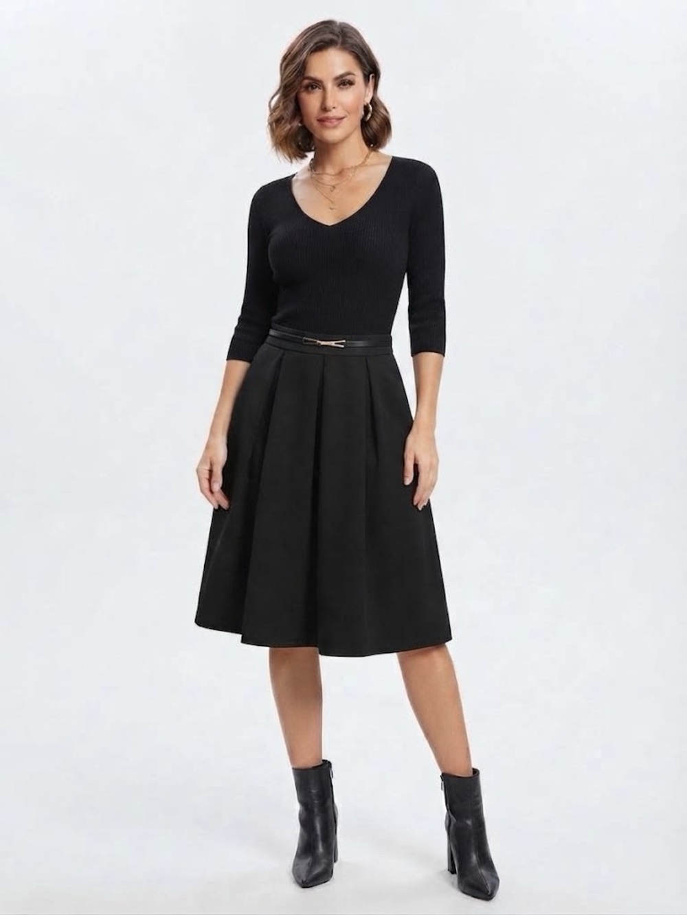 SHEIN Black Pleated A-Line Midi Skirt